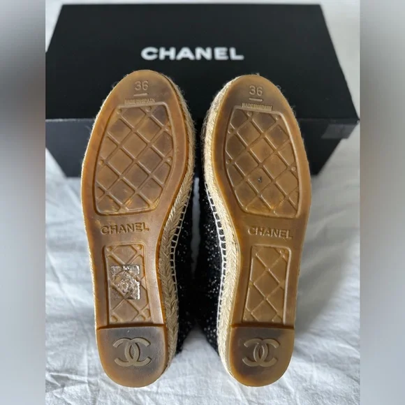 💯CHANEL Metallic Lambskin Tweed Espadrilles